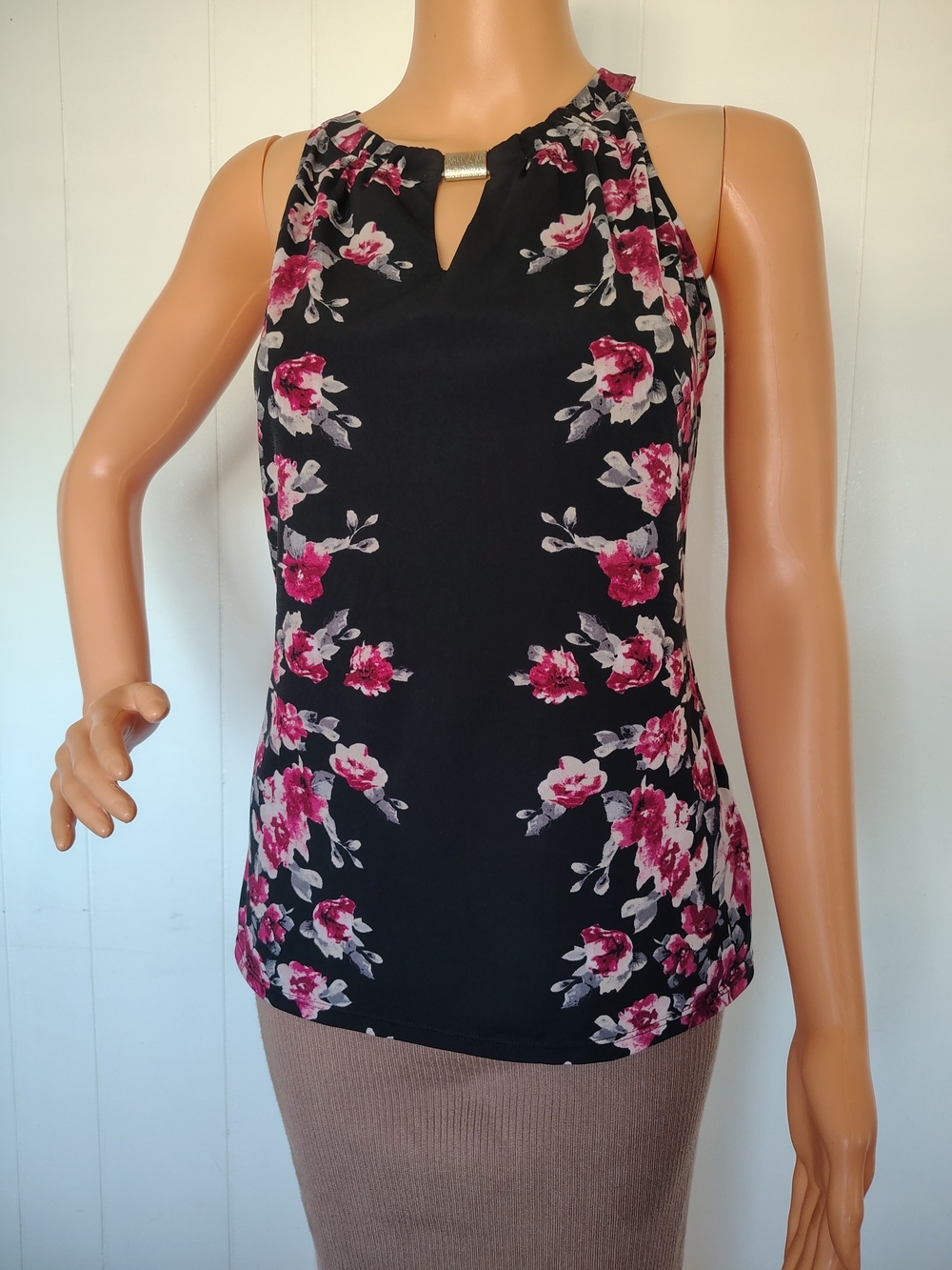 White House Black Market Black Halter Camisole with Pink Floral Print